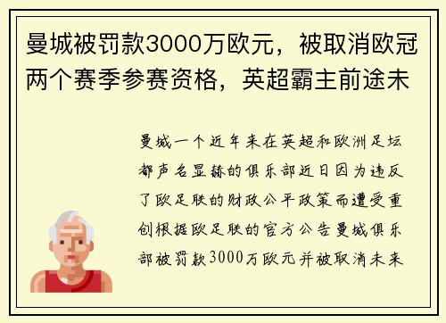 曼城被罚款3000万欧元，被取消欧冠两个赛季参赛资格，英超霸主前途未卜